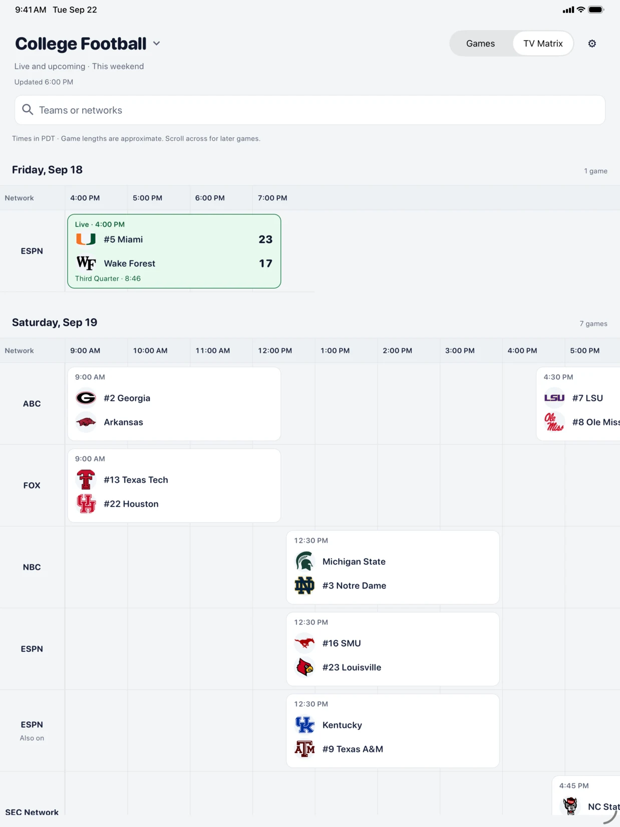 College football’s TV Matrix on iPad, arranging the weekend’s games by time and TV network