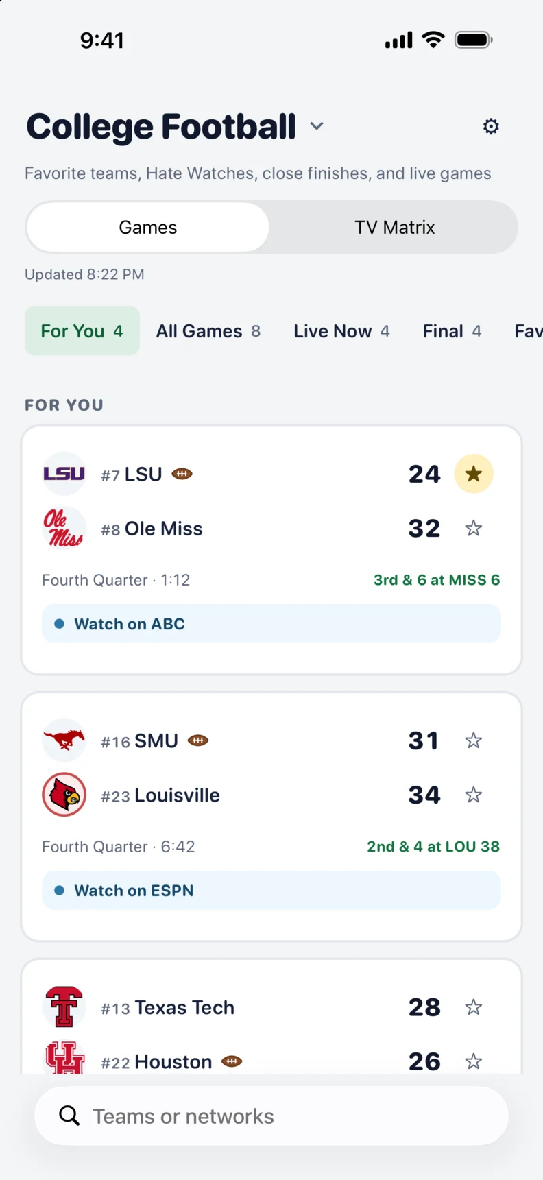 For You in Sportscaster, bringing favorite teams and live games worth watching to the front